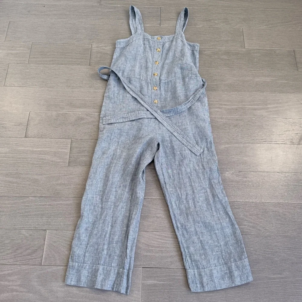 Everlane The Linen Picnic Jumpsuit 100% Linen Pinstripe Blue White Wide Leg 4